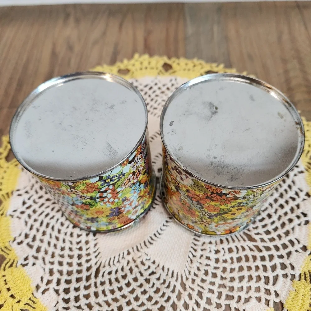 Vintage 70s Set Of 2 Floral Canister Hippie Retro Tins MCM Flower Power 4.5in